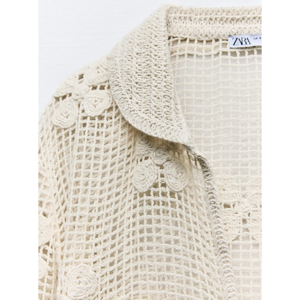 Zara Cream Crochet Open-Knit Buttoned Top and Pant Set - Picture 3 of 13